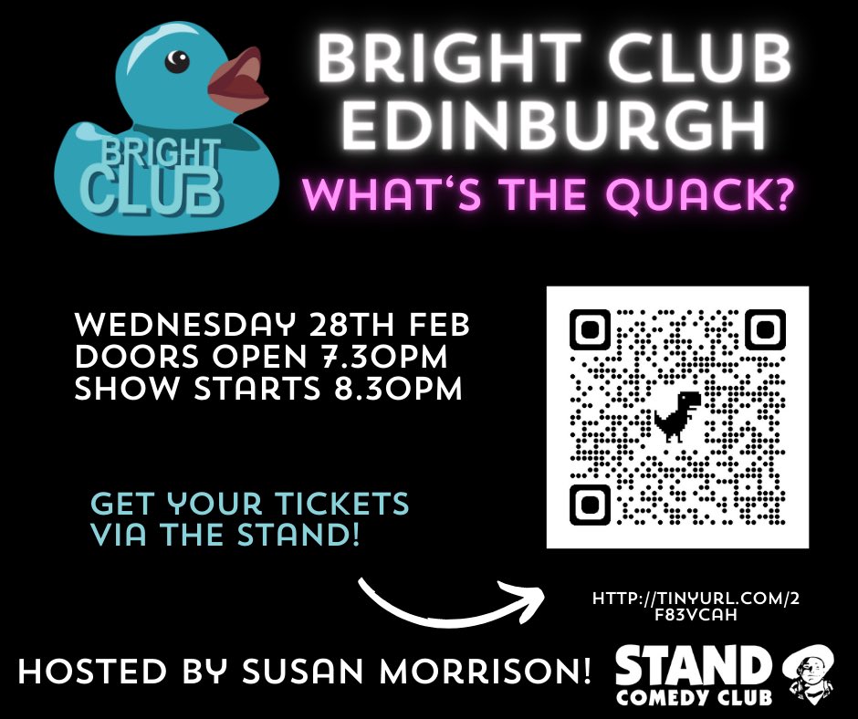 Line-up TBA SOON! Not long to go til our next show 28th Feb. Go get yer tickets! Links in post, and on our bio! #whatsthequack #curiouscomedy #brightclub <a href="/StandComedyClub/">The Stand</a> <a href="/suziemo/">Susan Morrison</a>