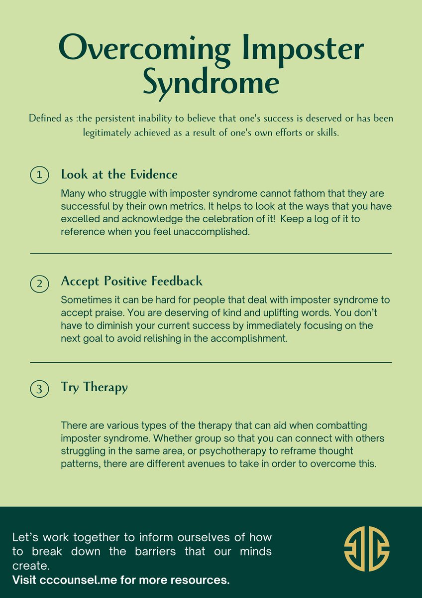 One of life's hardest battles deals with the ideas that the mind creates. Overcoming imposter syndrome is attainable. You are successful, and do not convince yourself otherwise!

#cccounseling #mentalhealth #therapy #impostersyndrome #cognitivetherapy #reframingtechniques