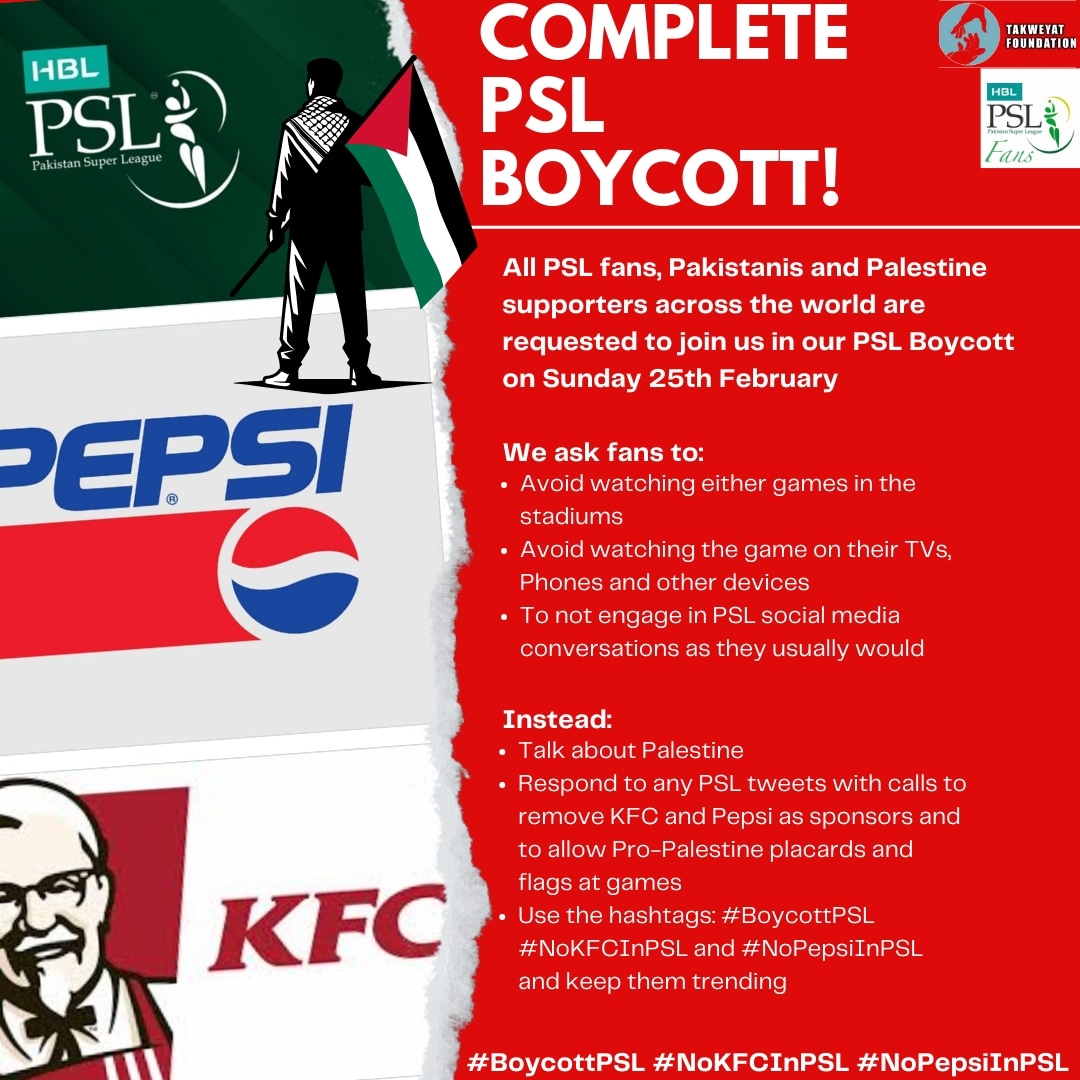 AlfaaaazMere's tweet photo. @_FaridKhan @TheRealPCB @thePSLt20 A welcome move by Brighto Paints and the PCB, however it doesn't mean it's acceptable to maintain the current sponsorship deals with KFC and Pepsi
Donate to Gaza and drop the sponsors!
#BoycottPSL #NoKFCinPSL #NoPepsiInPSL https://t.co/iq8mBgtwAE