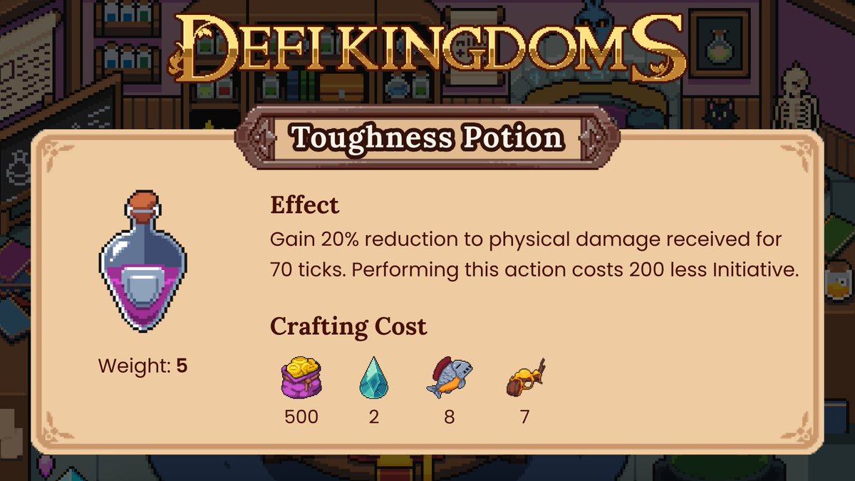 DeFiKingdoms's tweet photo. Potion Preparedness Part 7:
The Toughness Potion
Adding some damage mitigation, this potion can help you mitigate those big incoming hits! Check out the weight and crafting costs below. 
Like, tag 3 friends, and retweet this tweet and 5 winners will receive 10 Toughness Potions  

*Winners will be drawn in about a week

@GamingOnAvax @PlayonKlaytn @avax @klaytn_official

$JEWEL #DFK #DeFiKingdoms #crypto #MMORPG #combat #potions #web3gaming #gamefi #Blockchain #BlockchainTechnology #BlockchainInnovation #blockchaingames