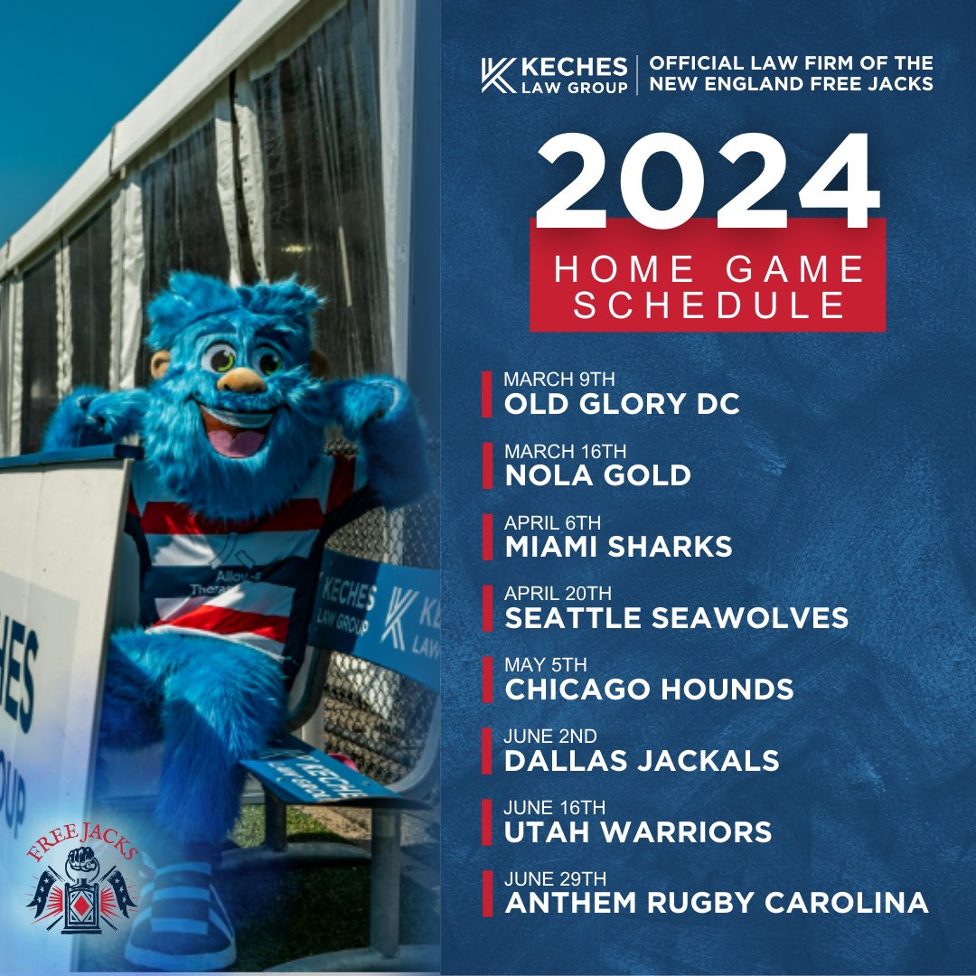 The <a href="/NEFreeJacks/">New England Free Jacks</a> season is right around the corner! 👏

Save the date and get ready for kickoff, you don’t want to miss the excitement as the defending <a href="/USMLR/">Major League Rugby</a> champions start the season in style!

We take great pride in being the official law firm of the Free Jacks. 😁