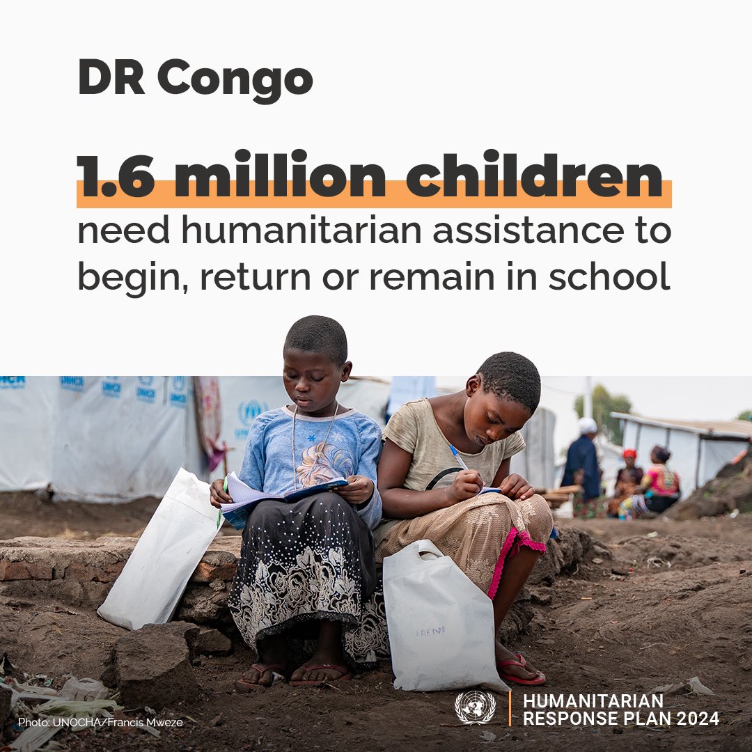 The humanitarian crisis in #DRCongo continues to worsen. 25.4 million people face food insecurity. Over 1 million children can no longer go to school due to fighting. In 2024, we need $2.6 billion for the humanitarian response – a vital lifeline for millions. ￼