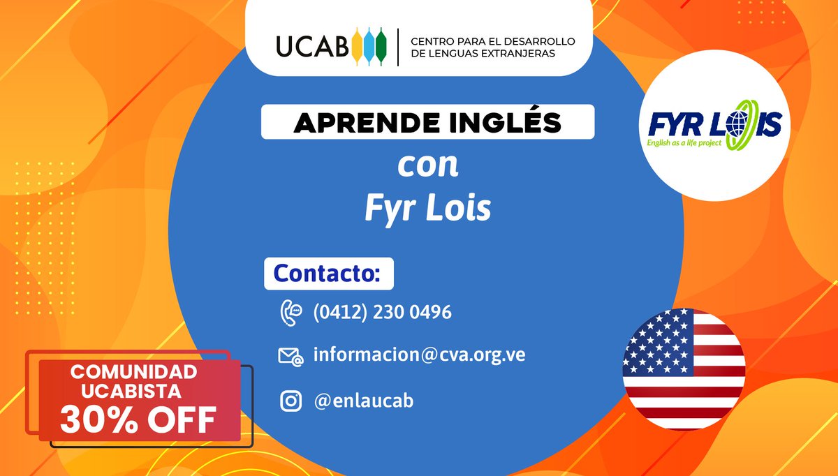 Aprende inglés de forma práctica y divertida de la mano del #CDLEUCAB y nuestro aliado <a href="/fyrloisoficial/">Fyr Lois Language Institute</a>.

¡La comunidad #ucabista tiene un 30% de descuento!   

Contacto👇