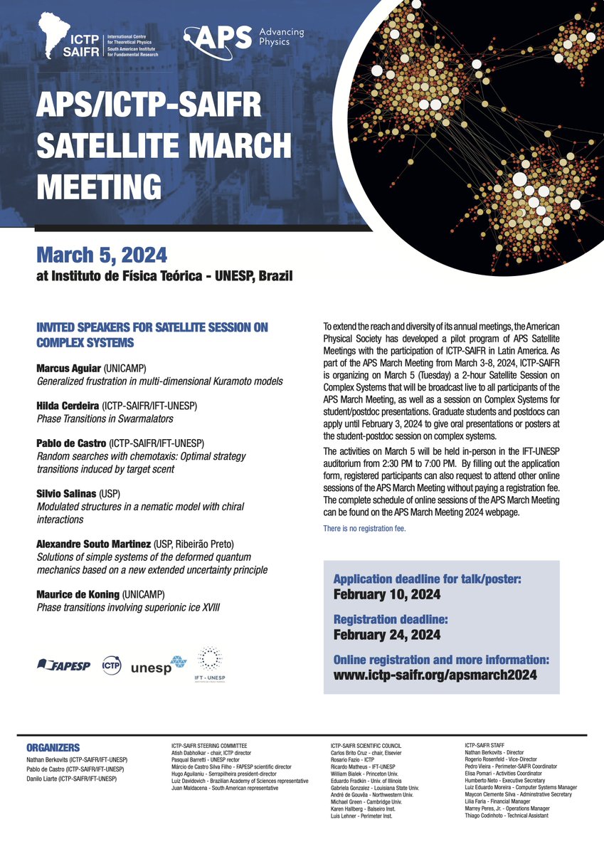 PablodeCastro12's tweet photo. As part of the APS March Meeting 2024, ICTP-SAIFR is organizing on March 5 a Satellite Session on Complex Systems in São Paulo. Invited Speakers: Marcus Aguiar, Hilda Cerdeira, Pablo de Castro, Silvio Salinas, Alexandre S. Martinez, and Maurice de Koning. https://t.co/BrkxYkXENY https://t.co/gaJfuSqbpM