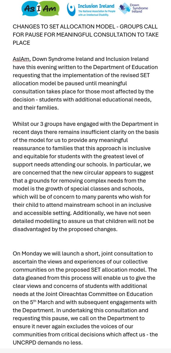 We are joining with @AsIAmIreland & @InclusionIre in requesting a pause in the rollout of the revised model for allocating Special Education Teacher hours. Echoing members' wishes, we are asking for meaningful consultation to take place with those most affected by the proposals.