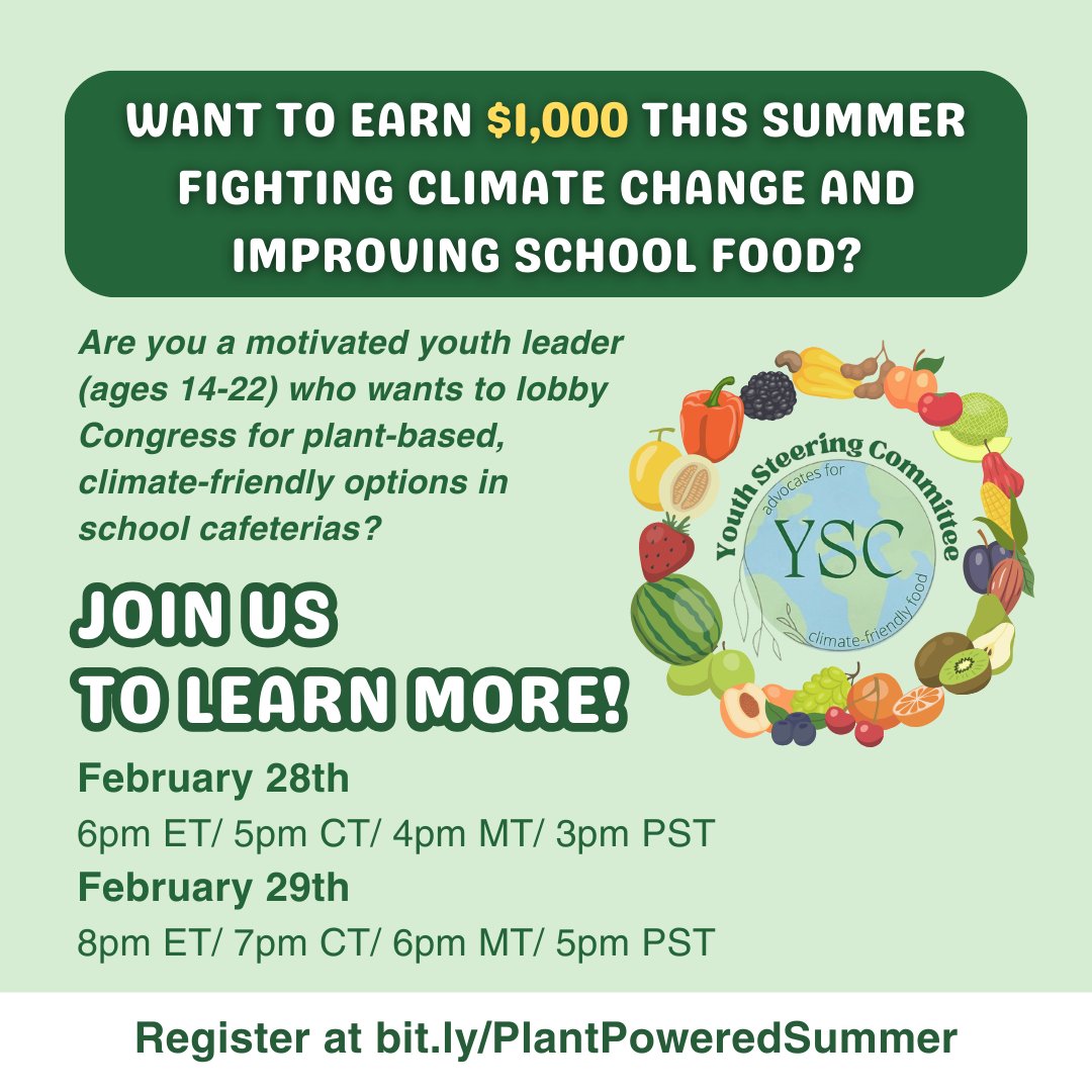 🌱 Exciting opportunity!🌍 Join us for an info session! 🔗bit.ly/PlantPoweredSu… Calling all motivated youth leaders aged 14-22! Earn a $1,000 stipend this summer while advocating for #plantbased, climate-friendly K-12 school food. #FoodJustice #FoodAccess #Opportunity #Youth