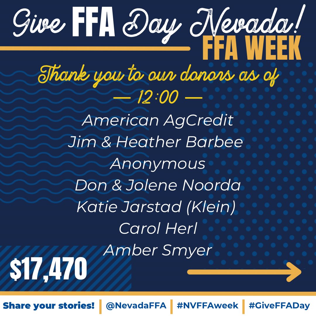 NVFFA's tweet photo. 📝 Will we see your name on our list next?

💙💛 Our National Blue and Corn Gold hearts are so full from the incredible support from all of our supporters!

🔗 Visit the link in our bio or https://t.co/ASu94b2g4r

#GiveFFADay #NevadaFFA #NVFFAWeek #FFA #FFAWeek #FFAWeek24 https://t.co/7y6E6KCs0K
