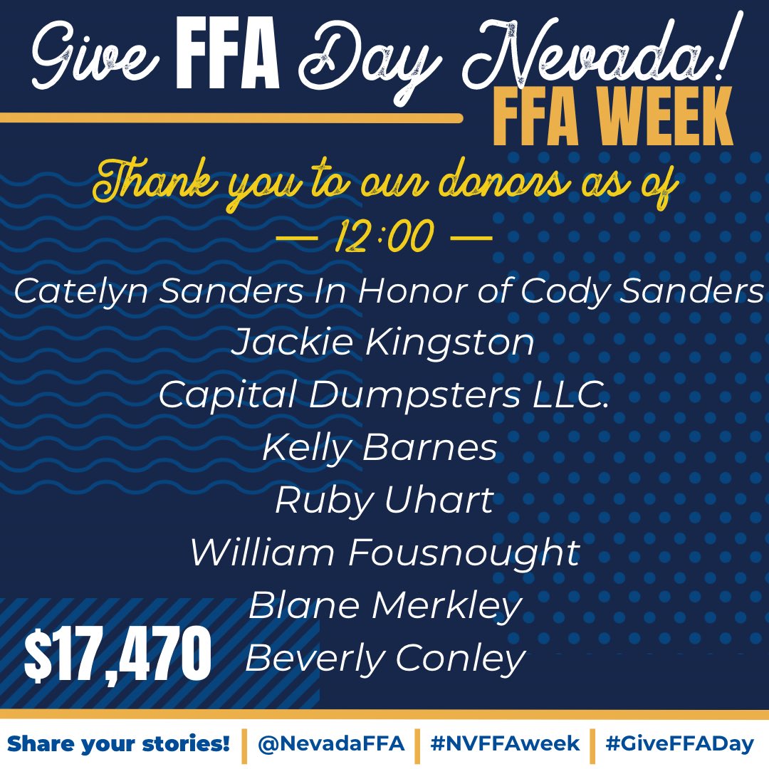 📝 Will we see your name on our list next?

💙💛 Our National Blue and Corn Gold hearts are so full from the incredible support from all of our supporters!

🔗 Visit the link in our bio or giveffaday.ffa.org/campaigns/neva…

#GiveFFADay #NevadaFFA #NVFFAWeek #FFA #FFAWeek #FFAWeek24