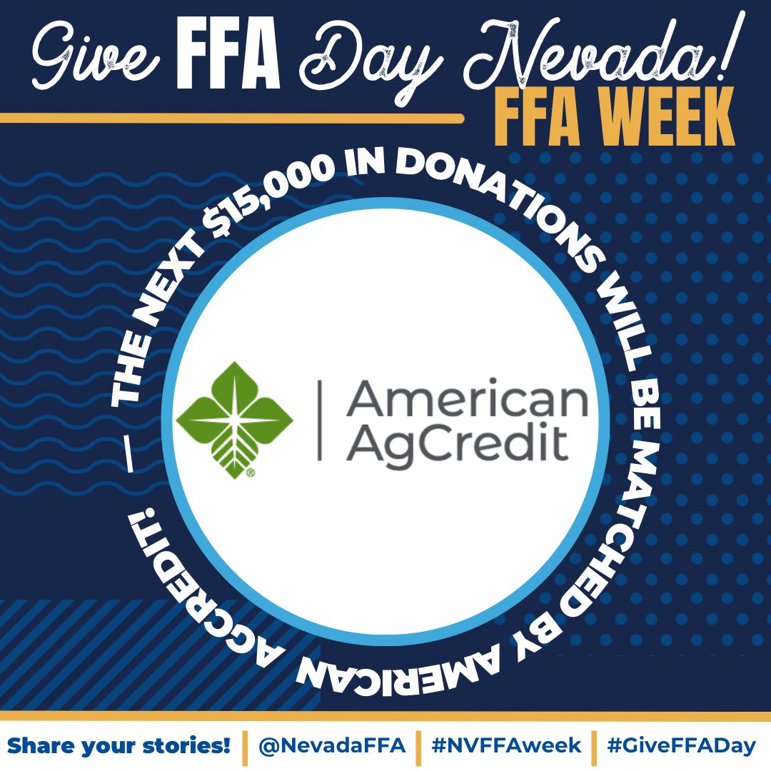 ❎2️⃣ Double the difference you make!

🙌 Thanks to @americanagcredit $15,000 match pledge, your generous donation to support our community's growth can now go twice as far.

🌾 Donate now to make a difference!

🔗 Visit the Link in our bio or giveffaday.ffa.org/campaigns/neva…

#GiveFFADay