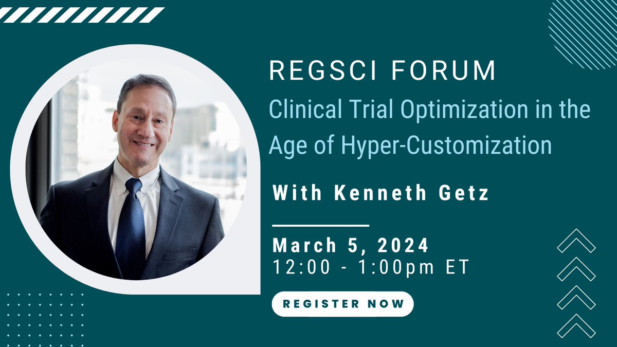 Harvard-MIT Center for Regulatory Science (@harvardmit_crs) on Twitter photo The next #RegSci Forum, on March 5th, will feature guest speaker Kenneth Getz <a href="/TuftsCSDD/">Tufts Center for the Study of Drug Development</a>. He will speak on "Clinical Trial Optimization in the Age of Hyper-Customization"
Register Here: rb.gy/kncvxy The next #RegSci Forum, on March 5th, will feature guest speaker Kenneth Getz <a href="/TuftsCSDD/">Tufts Center for the Study of Drug Development</a>. He will speak on "Clinical Trial Optimization in the Age of Hyper-Customization"
Register Here: rb.gy/kncvxy