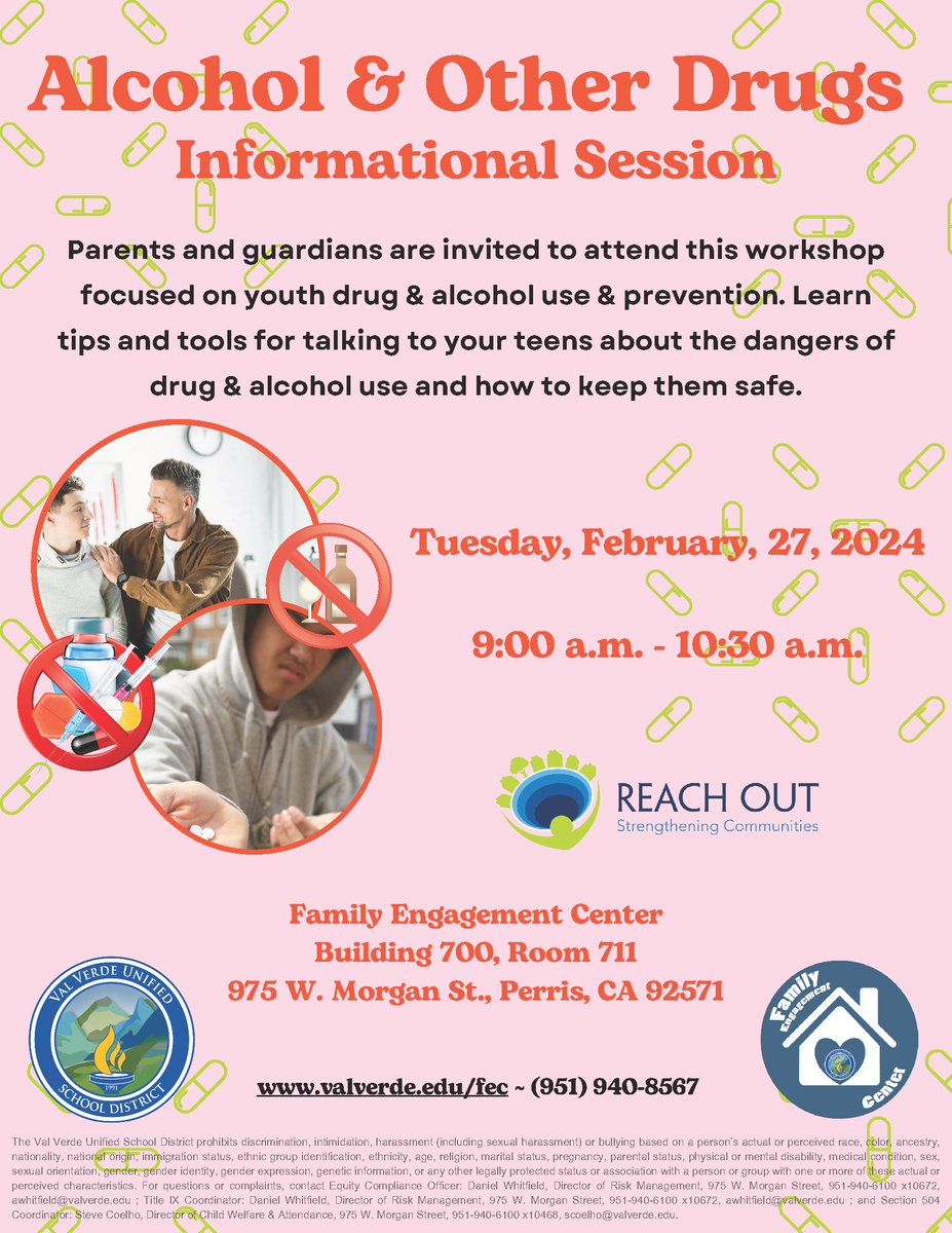 VVUSD_Family's tweet photo. Please join us!
Alcohol &amp; Other Drugs Informational Session
Tuesday at 9:00 a.m.
2/27/2024
Family Engagement Center
Building 700, Room 711 https://t.co/edjXJlD4Ix