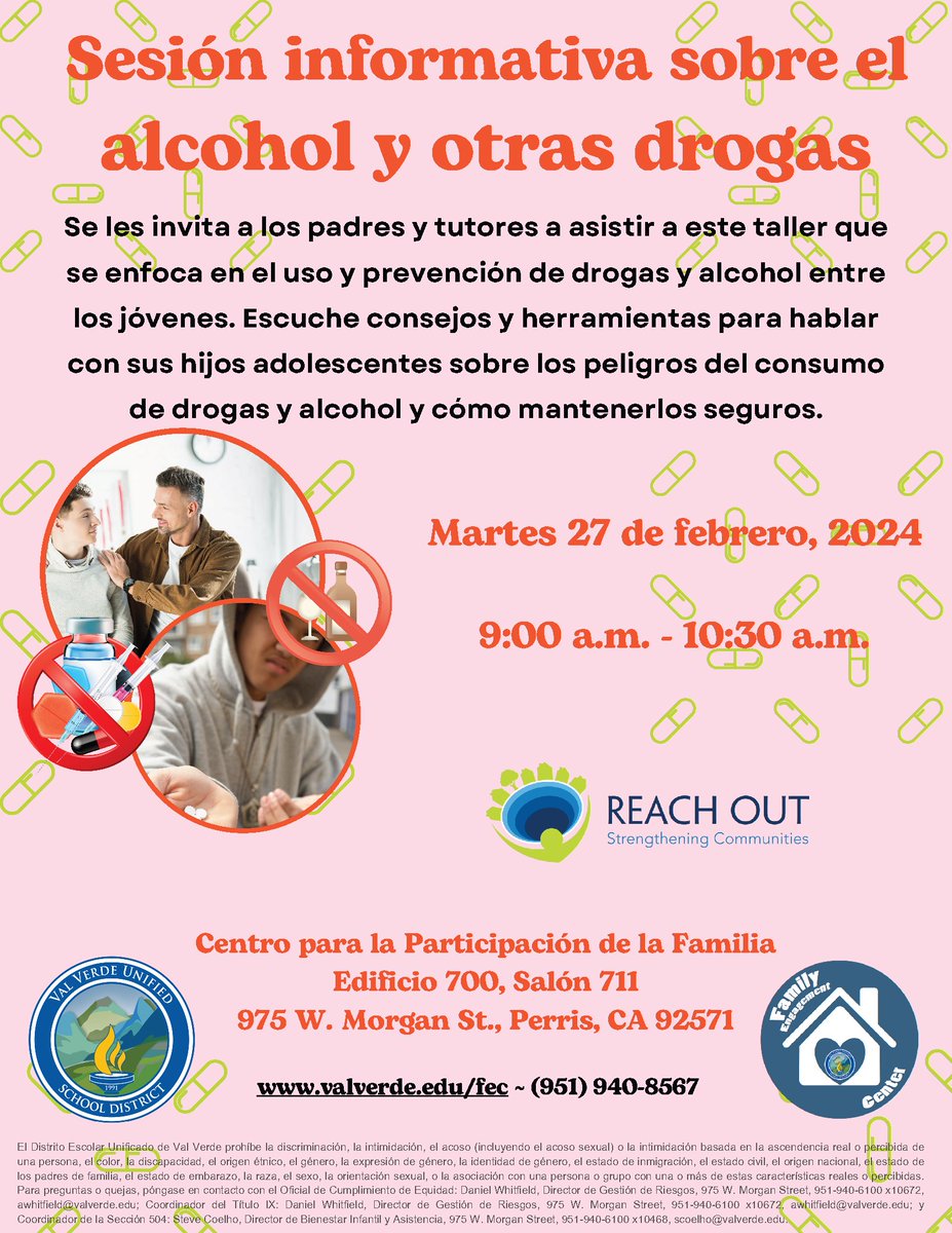 VVUSD_Family's tweet photo. ¡Por favor acompáñennos!
Sesión informativa sobre el alcohol y otras drogas
Martes a las 9:00 a.m.
27 de febrero del 2024
Centro para la participación de la Familia
Edificio 700, Salón 711 https://t.co/sQe6UiqYAJ