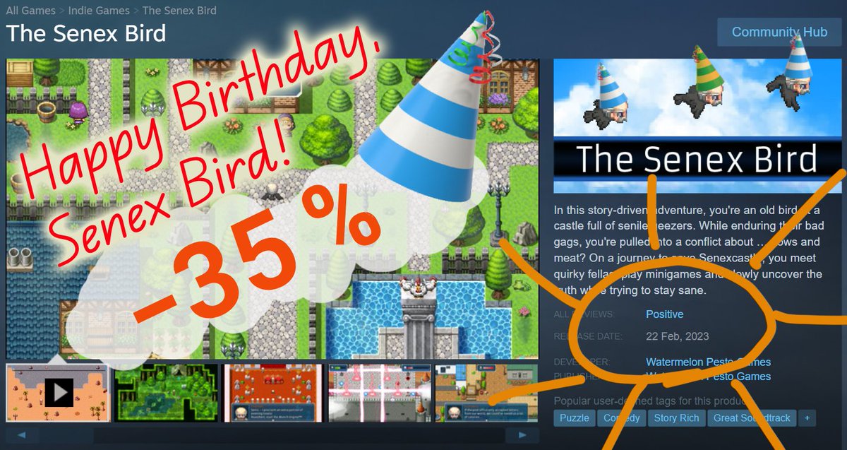 A year ago to the day, The Senex Bird was released on Steam! Happy Birthday! 🥳

I know it's just a weird little game, but I'm super grateful for everyone who has played it so far 💙

To everyone who hasn't: Enjoy the week-long 35 % birthday discount! 🎁:>
#indiegame #gamedev