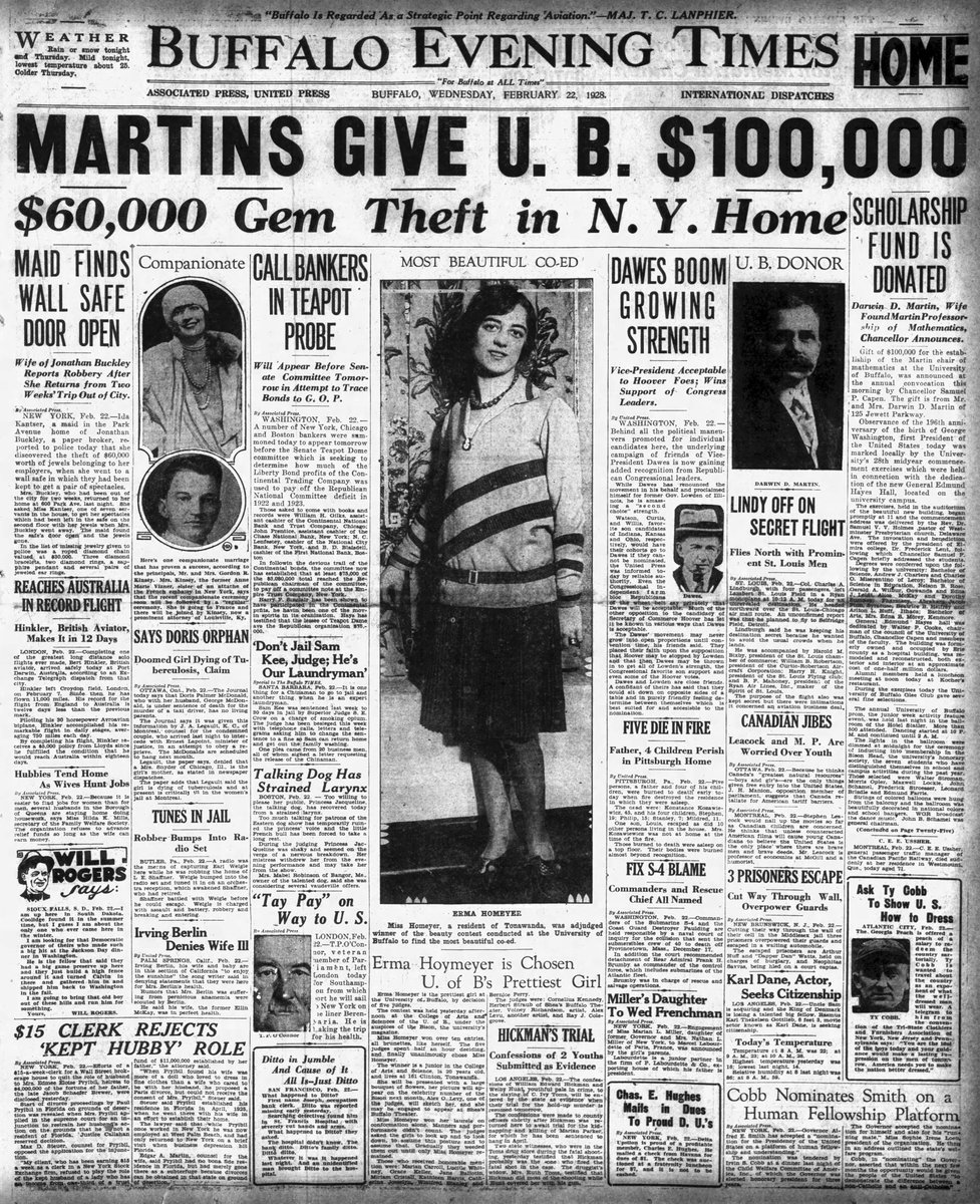 From February 22, 1928 in the #Buffalo Evening Times - “Martins Give U.B. $100,000' ➡️ The gift from Darwin D. Martin established the Martin chair of Mathematics at #UBuffalo