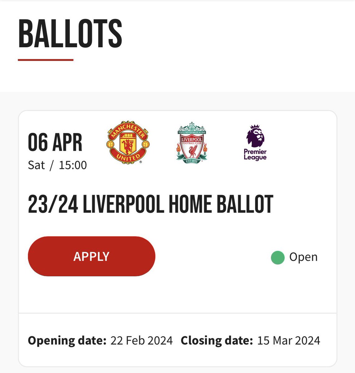 Ticket applications are open from today for the Liverpool home ballot! #MUFC