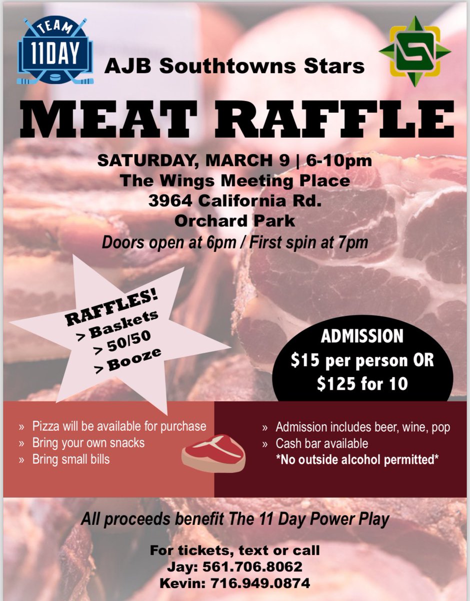 Calling all you WNY  MEAT RAFFLE lovers!   We have this one in a few weeks in Orchard Park.  All money is donated to 11 Day Power Play, which distributes to Roswell Park, Make-A-Wish and Oshei.  Please spread the word.  Thank you! #GoBills #GoSabres #CureCancer @BillsMafiaBabes