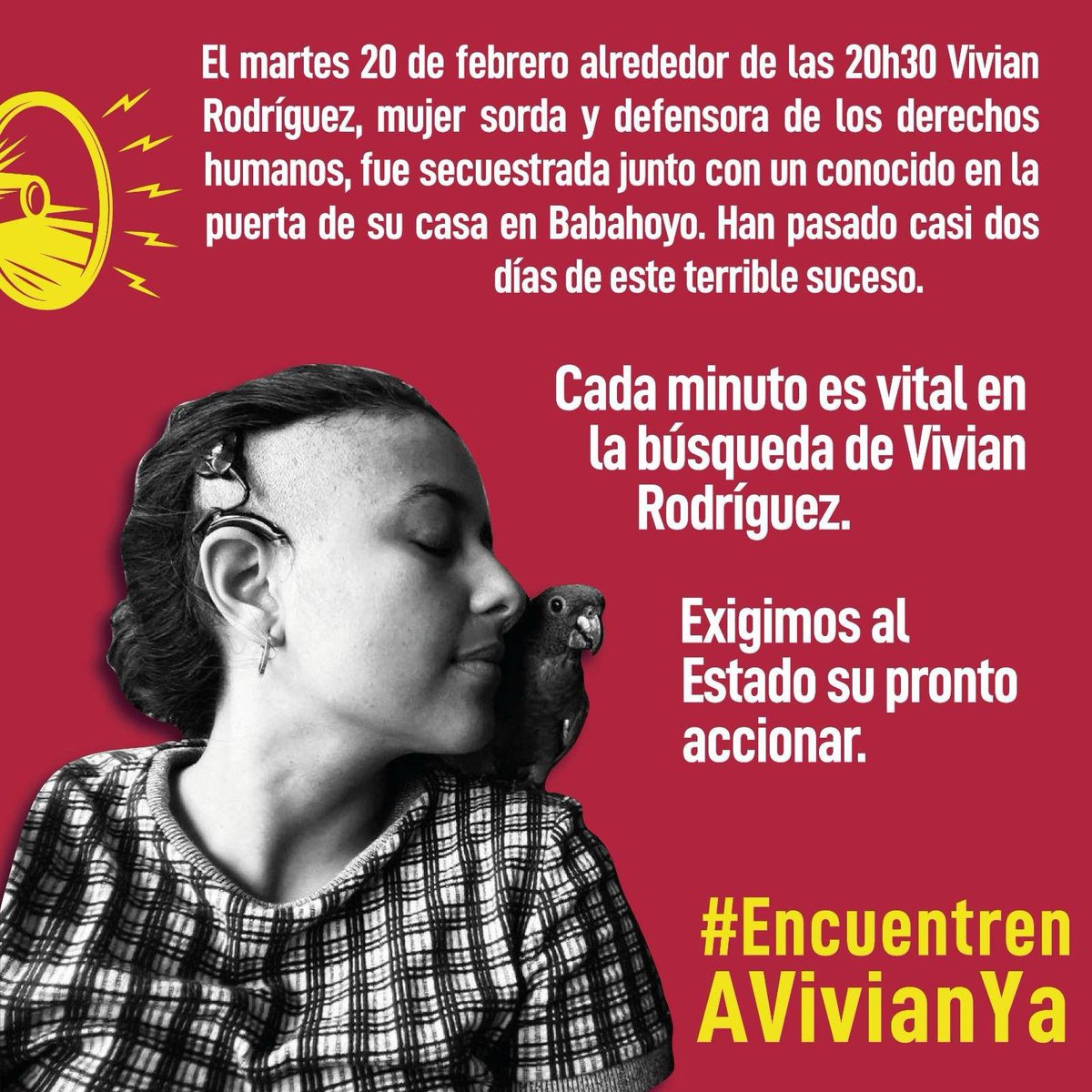 sunoriega_'s tweet photo. 📢 #EncuentrenAVivianYA ⚠️

@FiscaliaEcuador @Palencia3Monica @PoliciaEcuador @DanielNoboaOk 
El martes 20 de febrero de 2024, Vivian Rodríguez, mujer sorda y defensora de los derechos humanos, fue secuestrada junto a un conocido en la puerta de su casa en Babahoyo. https://t.co/HxRqSqUI9T