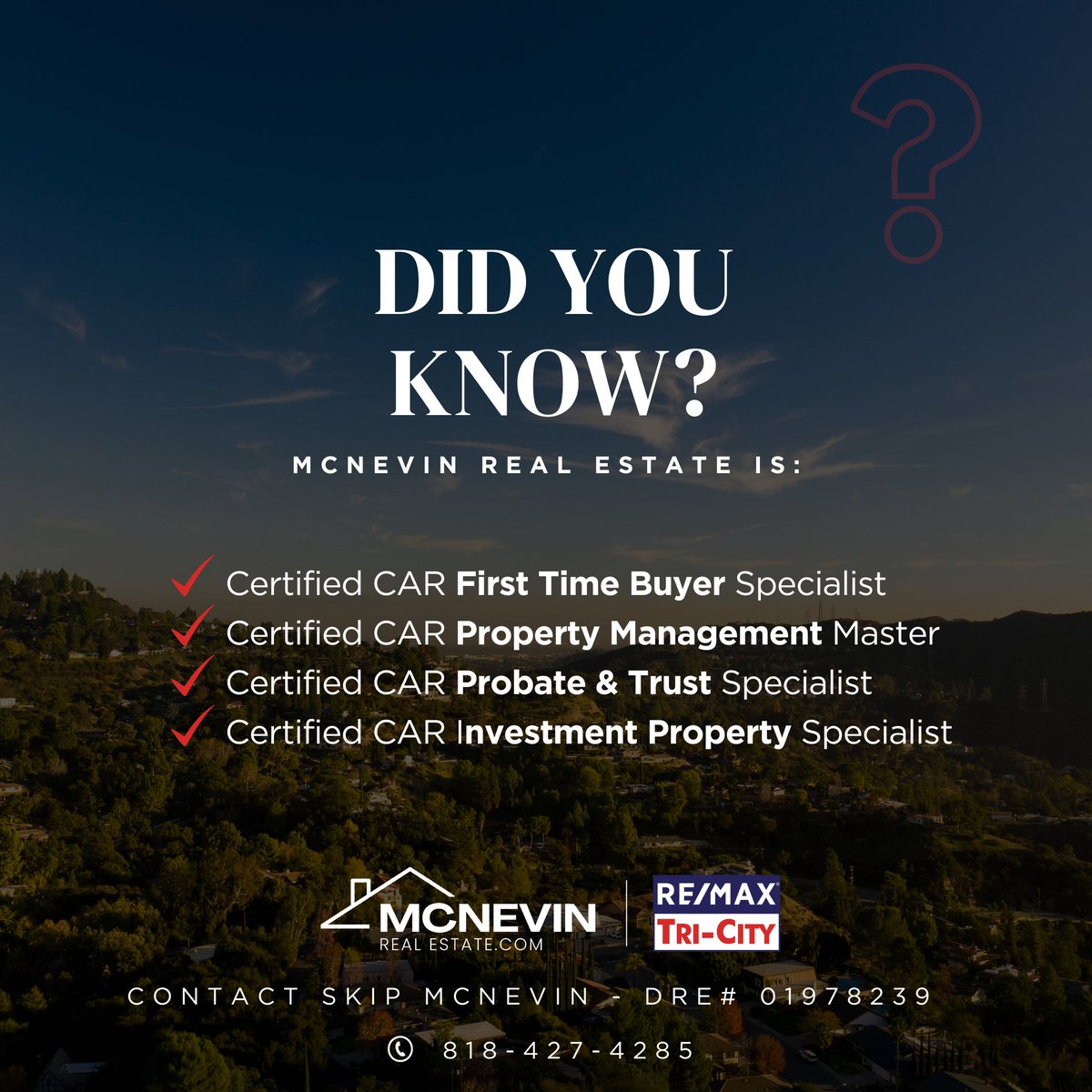 SkipMcNevinRELA's tweet photo. As your dedicated real estate professional, my commitment to excellence is underscored by my certifications from the California Association of Realtors (C.A.R.), empowering me to handle your transactions with precision and skill.
🌐https://t.co/vf0VvuDAtA https://t.co/Goz2MKGhsY
