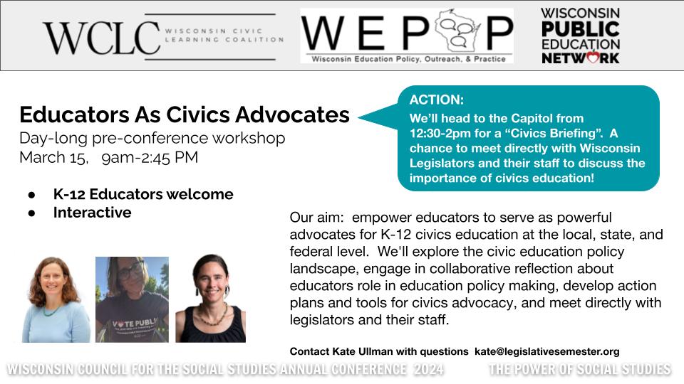DO NOT MISS this one of a kind workshop at #WCSS24! Educators as Civic Advocates with @KateUll @AnnaleeGood @WiscEdNetwork - Explore civics ed, then advocate with @WisSenGOP @SenateDemsWI @WIAssemblyGOP @AssemblyDemsWI bit.ly/WCSS24 to register!