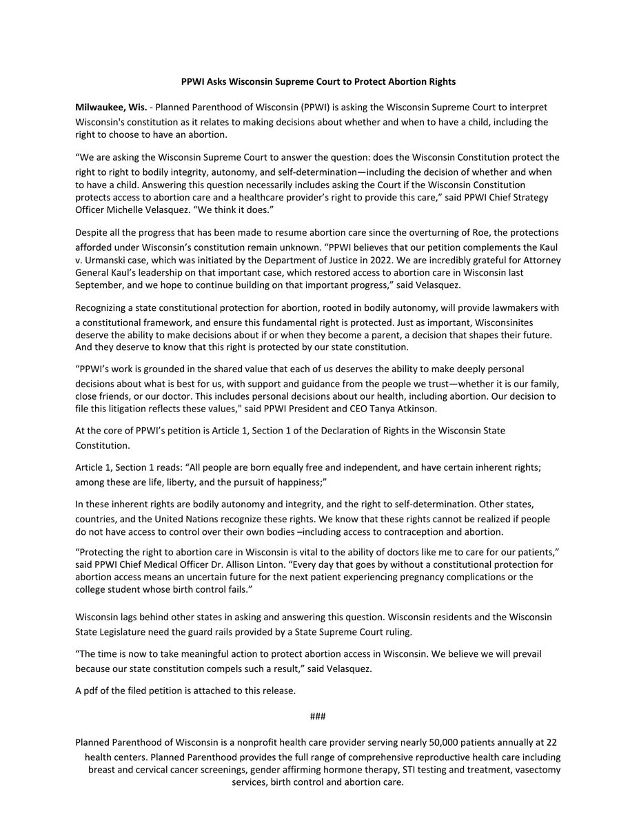 ACOGWI's tweet image. Planned Parenthood of Wisconsin files a petition with the Wisconsin Supreme Court requesting constitutional protection for abortion access. Abortion is essential health care!