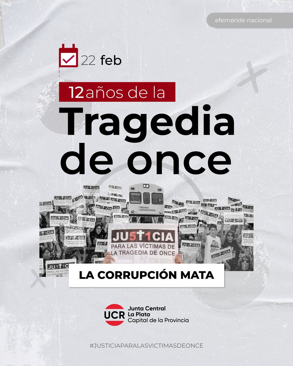 ucr_lp's tweet image. 12 AÑOS DE LA TRAGEDIA DE ONCE

Un año más de la #TragediadeOnce. Doce años de un accidente evitable que se cobró la vida de 52 argentinos. Por corrupción, desidia y negligencia.

Continuamos exigiendo justicia.