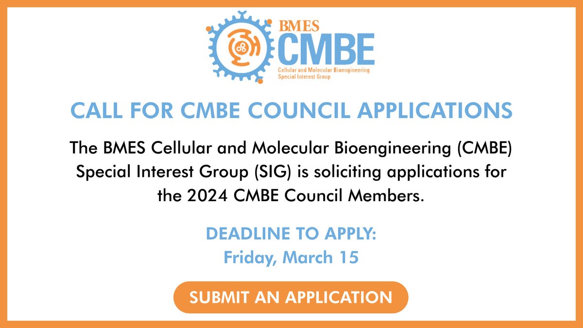 Calling for candidates for the three open council positions. Candidates should be committed to growing the @CMBE_BMES SIG as leaders in the cellular and molecular bioengineering profession. Learn more and apply at: ow.ly/i3W350QGeXp