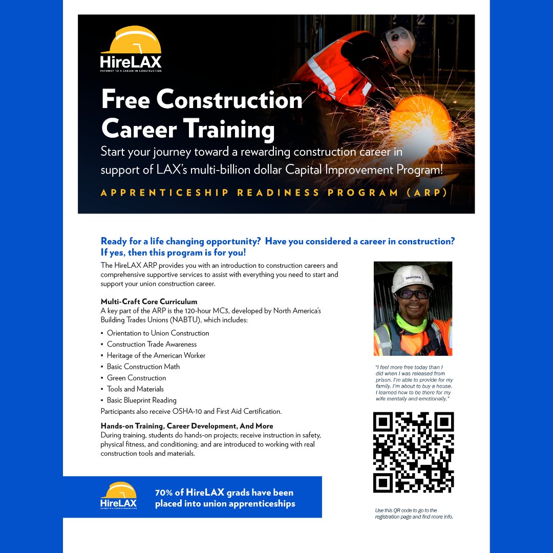 County2Work's tweet photo. Ready for a life changing career in construction?  HireLAX ARP is providing free construction career training. Mandatory orientation is being held on Sat., Mar. 16th from 7am to 1pm. Scan the QR code or go to: https://t.co/wqoJtKccef. https://t.co/eI8MbqIBcu