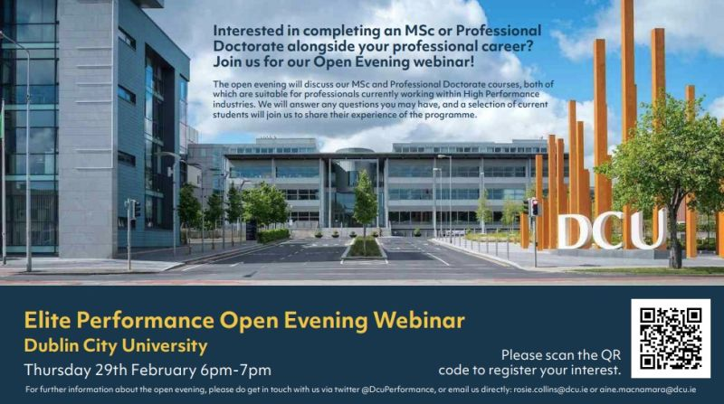 One week to go to @DcuPerformance's Webinar on Thursday 29th Feb (6pm-7pm GMT) If you are interested in returning to study in 2024 this is a great opportunity to learn more about our Professional Doctorate and MSc in Elite Sport Performance Register here lnkd.in/e8EgyhiN