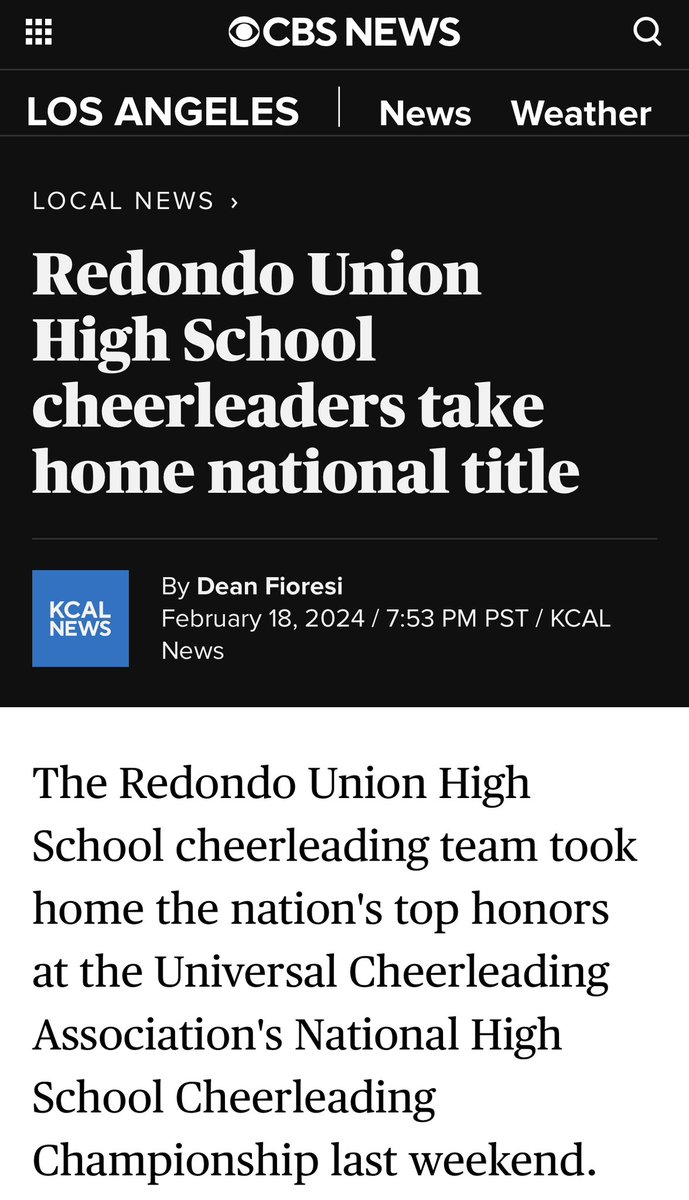 RedondoCheer (@redondocheer) on Twitter photo THANK YOU <a href="/CBSNews/">CBS News</a> for the incredible story about our athletes! We are excited to bring home the NHSCC NATIONAL TITLE to LA County🏆🥇
<a href="/RUHSAthletics/">Redondo Athletics</a> <a href="/latsondheimer/">eric sondheimer</a> <a href="/latimessports/">L.A. Times Sports</a> <a href="/latimes/">Los Angeles Times</a> <a href="/CBSSports/">CBS Sports</a> <a href="/DailyBreezeNews/">Daily Breeze</a> <a href="/breezepreps/">Breeze Varsity</a> <a href="/CalHiSports/">Cal-Hi Sports</a> <a href="/CIFSS/">CIF Southern Section</a> <a href="/UCAupdates/">UCA</a> <a href="/VarsitySpirit/">Varsity Spirit</a> THANK YOU <a href="/CBSNews/">CBS News</a> for the incredible story about our athletes! We are excited to bring home the NHSCC NATIONAL TITLE to LA County🏆🥇
<a href="/RUHSAthletics/">Redondo Athletics</a> <a href="/latsondheimer/">eric sondheimer</a> <a href="/latimessports/">L.A. Times Sports</a> <a href="/latimes/">Los Angeles Times</a> <a href="/CBSSports/">CBS Sports</a> <a href="/DailyBreezeNews/">Daily Breeze</a> <a href="/breezepreps/">Breeze Varsity</a> <a href="/CalHiSports/">Cal-Hi Sports</a> <a href="/CIFSS/">CIF Southern Section</a> <a href="/UCAupdates/">UCA</a> <a href="/VarsitySpirit/">Varsity Spirit</a>
