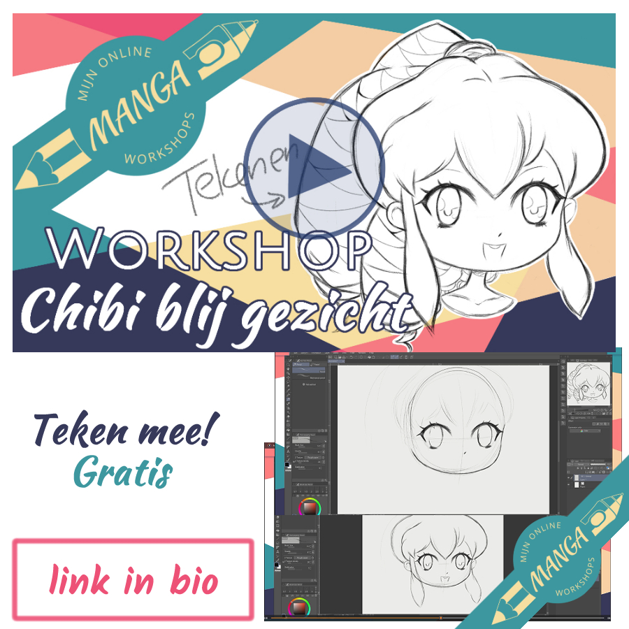 Nu ik weer terug ben, heb ik een nieuwe gratis manga teken workshop gemaakt. Je kan meetekenen met potlood en papier of met je digitale tekengerei. 😘

Veel tekenplezier!

Link: onlinemangaworkshops.nl/product/worksh…

#Tekenen #tekenworkshop #mangatekenen #animetekenen #chibitekenen #tekenles