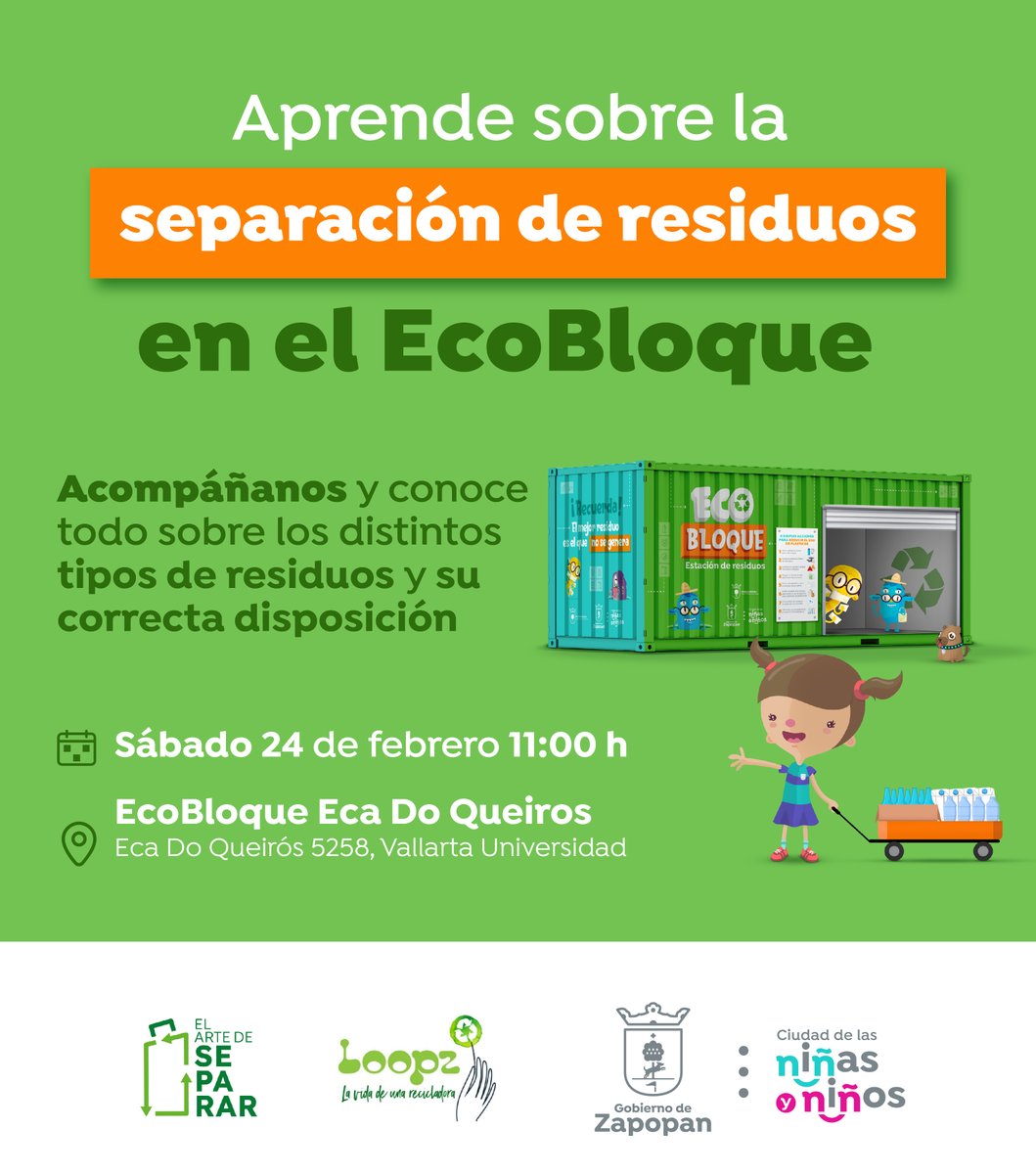 ZapopanGob's tweet photo. Aprende con el equipo de Medio Ambiente Zapopan todo acerca de los tipos de residuos y su disposición final. ♻🌱
Te esperamos este sábado 24 de febrero en el #EcoBloque del Parque Ecológico Municipal Eca Do Queiros 📍 https://t.co/ZI4zfgeNFI a partir de las 11:00 h. 🌍 https://t.co/y6L5OnC4MH