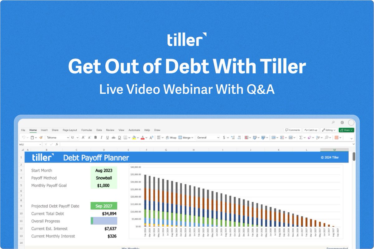 Learn how to make a custom debt payoff plan with Tiller's new Debt Payoff Planner spreadsheet in a free webinar next week. Sign up even if you can't attend and we'll send a recording you can watch at your own pace: tillerhq.com/get-out-of-deb…