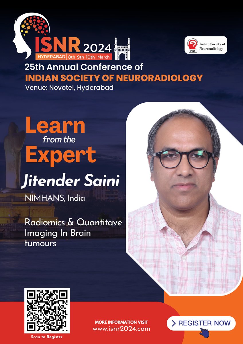 Prof Jitender Saini of @NIMHANS_BLR, a stalwart of the 🇮🇳 Neuroradiology scene will deliver one of his most loved talks on Advanced Imaging in Brain tumours.
#ISNR2024 an unmissable event for #neurorads #radres #pedineurorads in #happeninghyderabad 
See you March 8 to 10th..