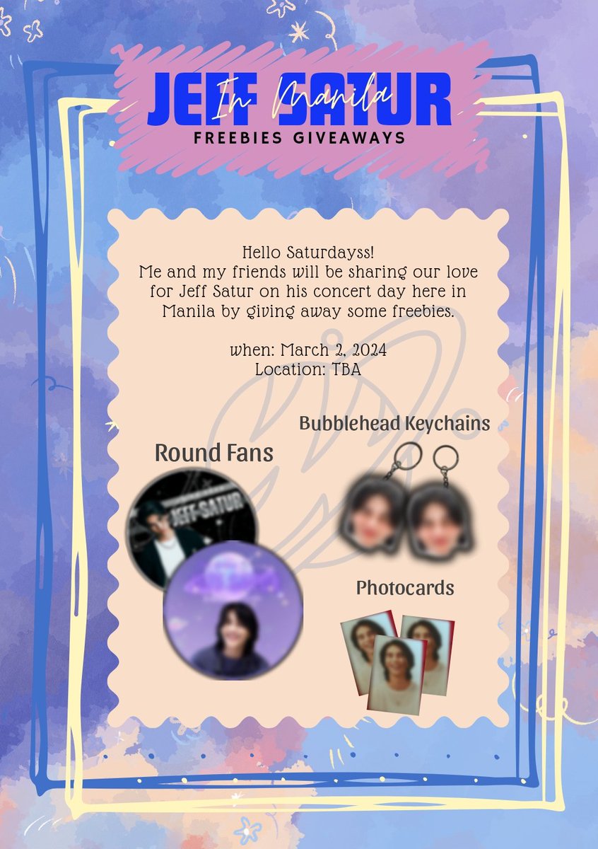 Ruiphilia_'s tweet photo. Hello Saturdayss!
Me and my friends (@tin33nisolo  and @EmalynPalles will be sharing our love for Jeff Satur on his concert day here in Manila by giving away some freebies (LIMITED QUALITY ONLY)

When: 3/2/24
Location: TBA
Please spread 🥰🙏

#JeffSaturSpaceShuttleNo8
#JeffSatur https://t.co/vdJ51GnyUS