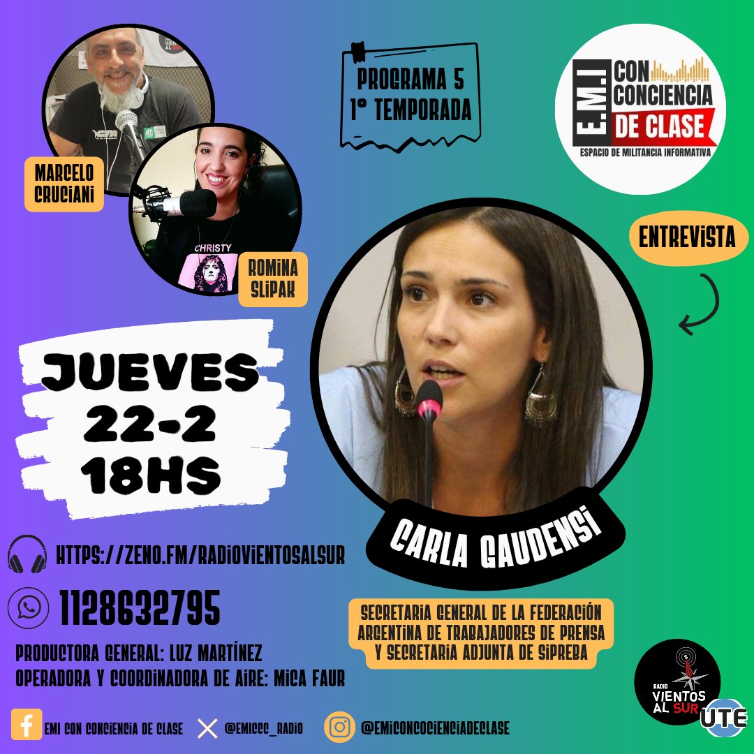 EMIccc_radio's tweet photo. 🖤 #Hoy, #jueves, desde las 18hs por @radiovientosalsur 📻
❤️ https://t.co/965EHg4PEl
🧡#EMI #EspacioDeMilitanciaInformativa
🤍#ConConcienciaDeClase
#RadioEnVivo
#DNU #LeyÓmnibus #actualidad #entrevista #prensa #sipreba #fatpren https://t.co/Zd8GeF8FKV