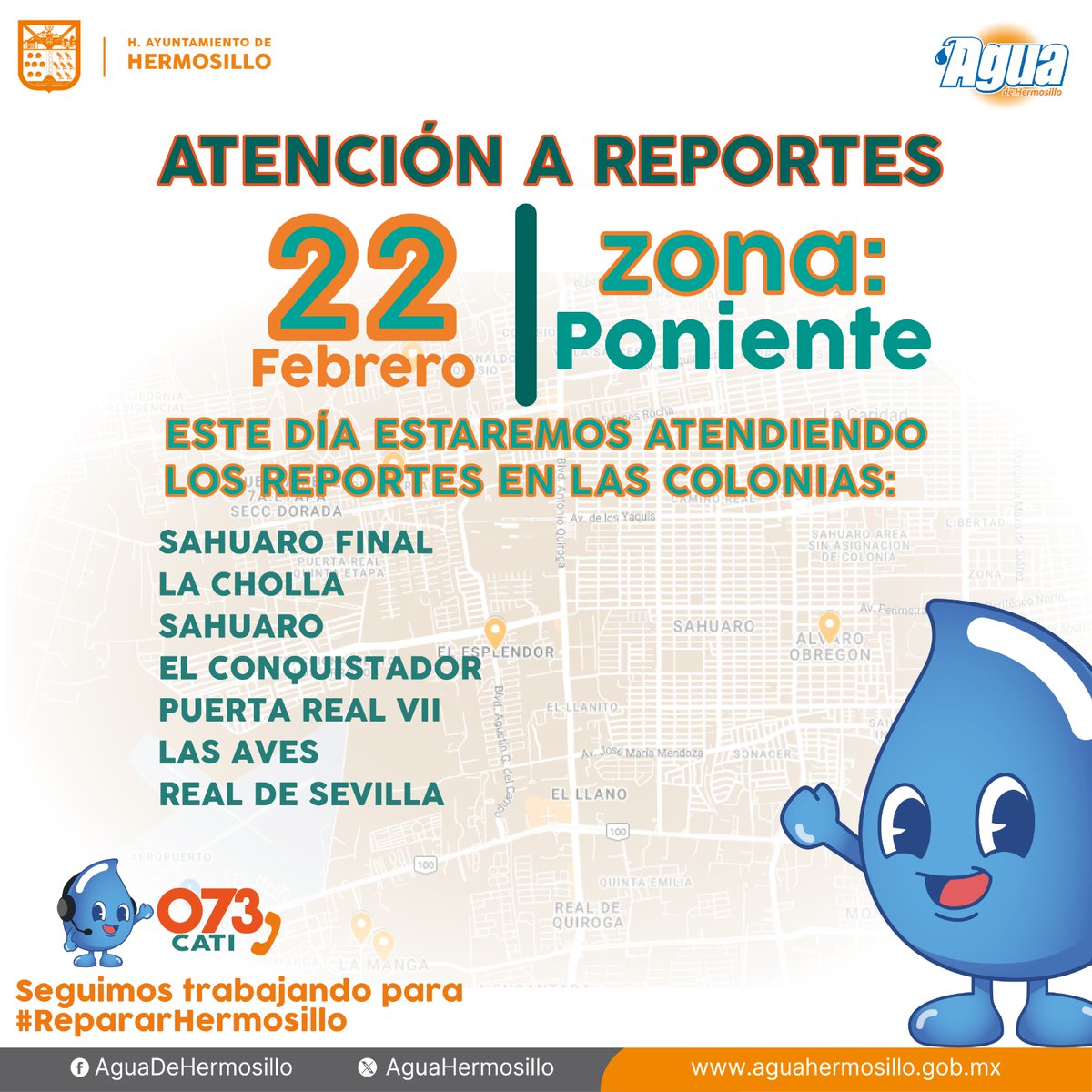 aguahermosillo's tweet photo. ¡Seguimos trabajando en atención a tus reportes! #HermosilloCRECEContigo.
El día de hoy, nuestras cuadrillas operativas brindarán atención en las siguientes colonias: https://t.co/q5LNYsp1Ij