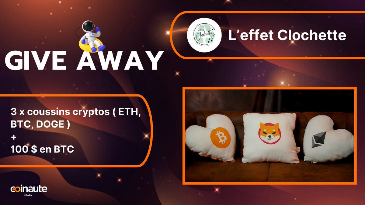 #GIVEAWAY 😎   

3 x coussins crypto ( #BITCOIN , #ETH , #DOGE )  
+ 100 dollars en $BTC à partager !

👉 : RT 🔁+ Like ❤ 
👉 : Follow <a href="/CoussinsCryptos/">Chris de l'Effet Clochette</a> , <a href="/coinaute/">Coinaute Média</a> 
👉: Tag 2 potes (tag supplémentaire = + de chances) 

TAS le 26/02/24   

Bonne chance 🍀 

#gift #jeuxconcours