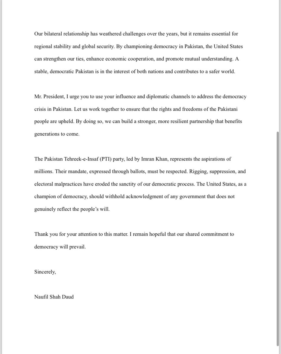realdondaud's tweet photo. My letter to President Joe Biden to raise awareness about the critical situation in Pakistan and show that Imran Khan is not alone. It’s NOT a plea for help, but a call for DEMOCRACY ! 

As a common man, I’m trying to reach out to everyone I can, from city councils to the White House

If the United States stands with democracy, then it must ABSOLUTELY NOT recognize any government unless led by Imran Khan’s PTI

The White House 1600 Pennsylvania Ave NW Washington, DC 20500
https://t.co/xzTs5MKQfR
202-456-1111