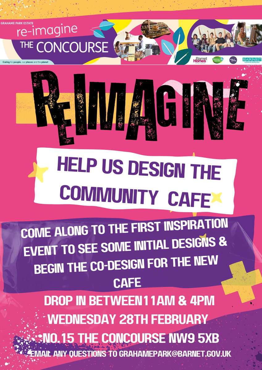 Come along to Re-imagine's first inspirational event such as initial designs and begin the co-design for a new cafe. Drop in between 11am-4pm on Wednesday 28th February at The Concourse. See below for more information