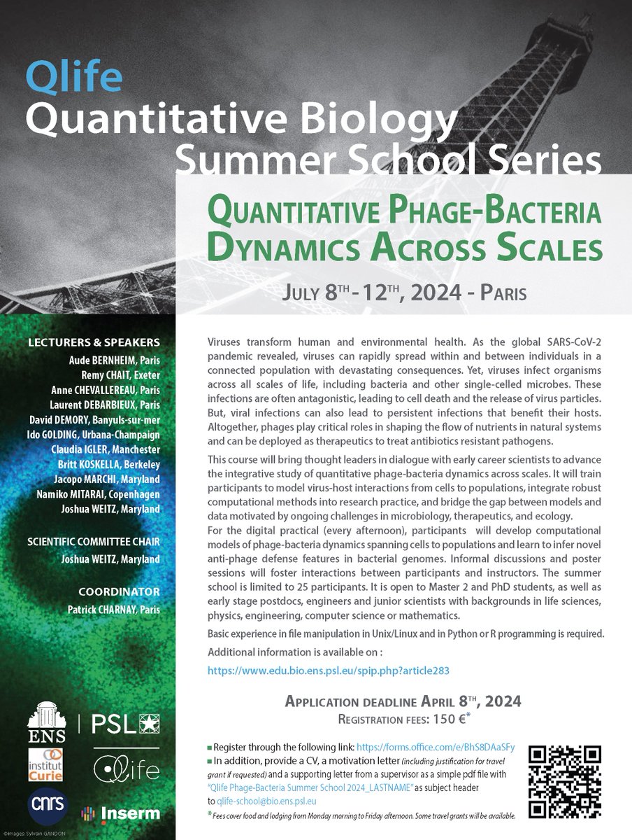 📣 Application are open for our 2024 summer school!
“Quantitative Phage-Bacteria Dynamics Across Scales”
🚨 Deadline for application: April 8, 2024

👉🏻 designed for Master 2, PhD students &amp; postdocs
👉🏻 Learn more: edu.bio.ens.psl.eu/spip.php?artic…

<a href="/Biologie_ENS/">Biologie ENS</a> <a href="/IBENS_ENS/">IBENS</a> <a href="/psl_univ/">Université PSL</a>