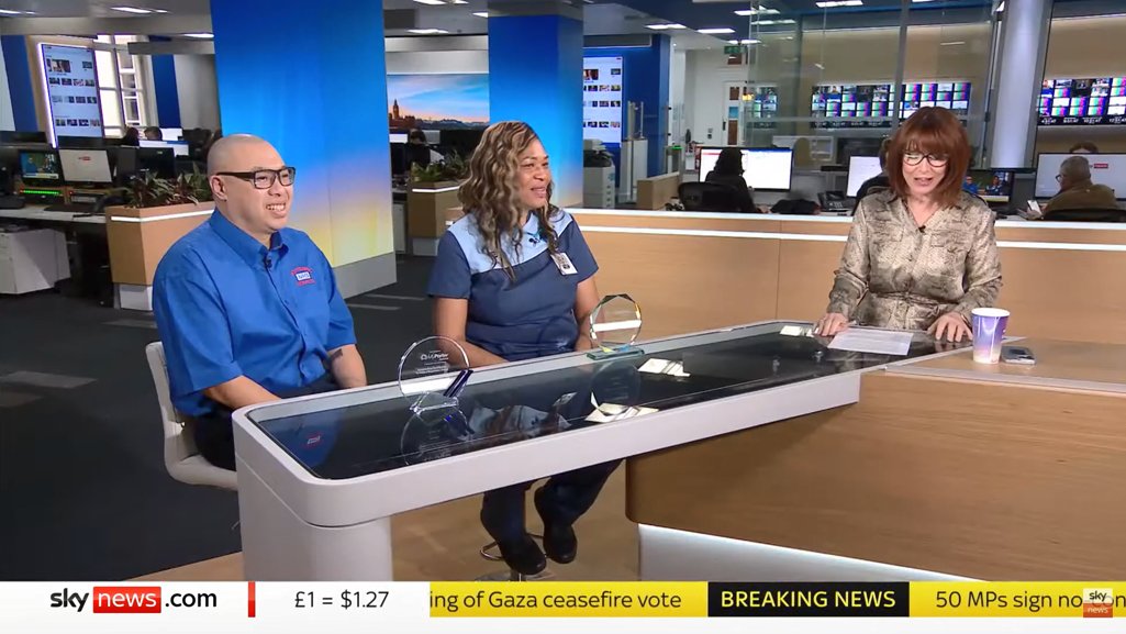 Gordon To from @UHD_NHS @UHD_Porters and Karene Gillon from @BedfordshireHospital were featured on @SkyNews today. Click to watch the interview👇 lnkd.in/em3T8WkF Special thanks to @NHSEngland and our sponsors @ISS__UK and @MedirestUK #MyPorterAwards #MyCleaningAwards