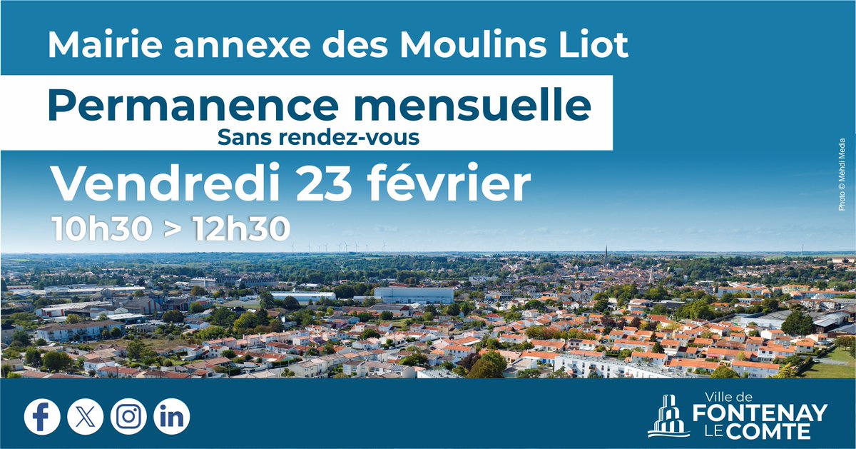 Permanence mensuelle à la nouvelle mairie annexe des Moulins Liot (Maison des habitants) ce vendredi 23 février de 10h30 à 12h30.
✅ Sans rendez-vous
Mairie annexe des Moulins Liot
Maison des Habitants - Centre commercial
Avenue du Président Georges Pompidou