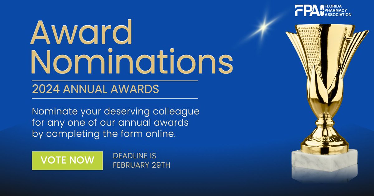 Have you nominated anyone for an award yet? 

If you know of a deserving colleague that should be recognized for their achievements submit your nomination today! 

The deadline for submissions is February 29th so don't wait!

#2024FPAAnnualAwards #floridapharmacyassociation