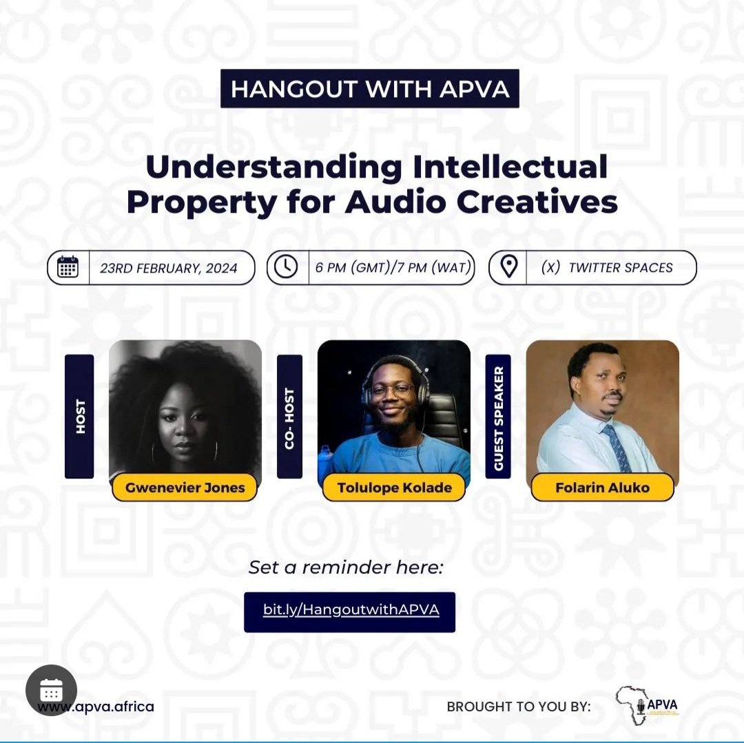 IplanNg's tweet photo. Looking forward to tomorrow's #HangoutwithAPVA by @APVAofficial where we'll be talking about Understanding IP for Audio Creatives. https://t.co/OEVWojGT99