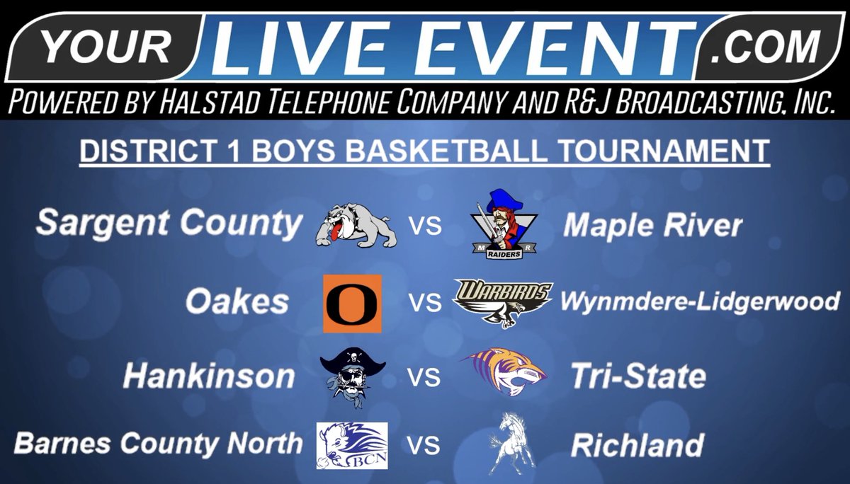 District 1 Boys Basketball Tournament matchups tomorrow from VCSU on <a href="/YourLiveEvent1/">Your Live Event</a>:
3 - <a href="/BulldogsBBB/">SargentCountyBBB</a> vs <a href="/MRRaiders_BB/">Maple River Raiders Boys’ Basketball 🏀</a> 
4:30 - @OakesPS41 vs Wyndmere-Lidgerwood
6 - <a href="/hankinsonschool/">Hankinson District 8</a> vs Tri-State
7:30 - Barnes County North vs <a href="/Colts44B/">Colts44Basketball</a> 
🖥️ - yourliveevent.com
#NDPreps