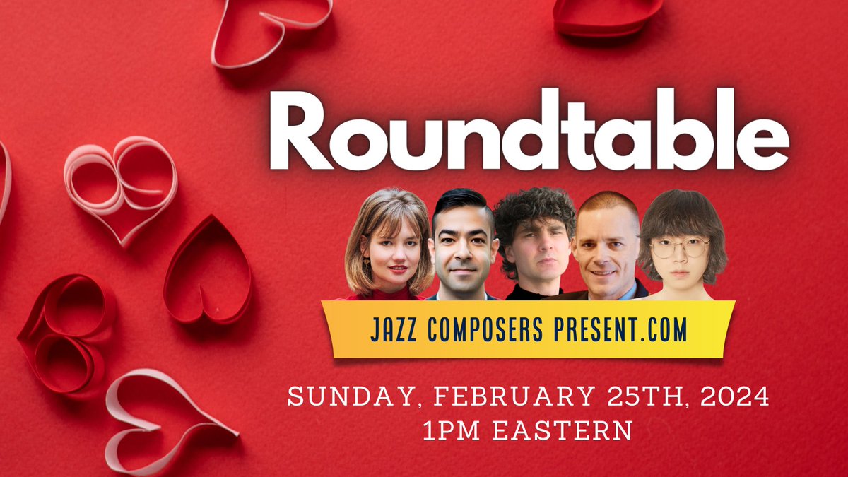 JazzComposersPresent (@jazzcomppresent) on Twitter photo JazzComposersPresent.com is excited for our February Roundtable on Sunday, February 25th at 1:00pm Eastern featuring Andrew Rathbun and Daniel Jamieson <a href="/DanjamMusic/">Daniel Jamieson</a>, plus special guests Fabia Mantwill, Paul White, and Zhengtao Pan! JazzComposersPresent.com is excited for our February Roundtable on Sunday, February 25th at 1:00pm Eastern featuring Andrew Rathbun and Daniel Jamieson <a href="/DanjamMusic/">Daniel Jamieson</a>, plus special guests Fabia Mantwill, Paul White, and Zhengtao Pan!