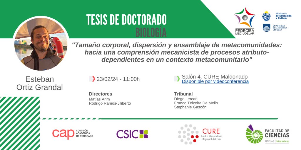 Tamaño corporal, dispersión y ensamblaje de metacomunidades: hacia una comprensión mecanicista de procesos atributo-dependientes en un contexto metacomunitario

Defensa de #Doctorado del #EstudiantePEDECIBA Esteban Ortiz

 23/2 - 11h

#SomosPEDECIBA

+info
pedeciba.edu.uy/es/defensa/tam…