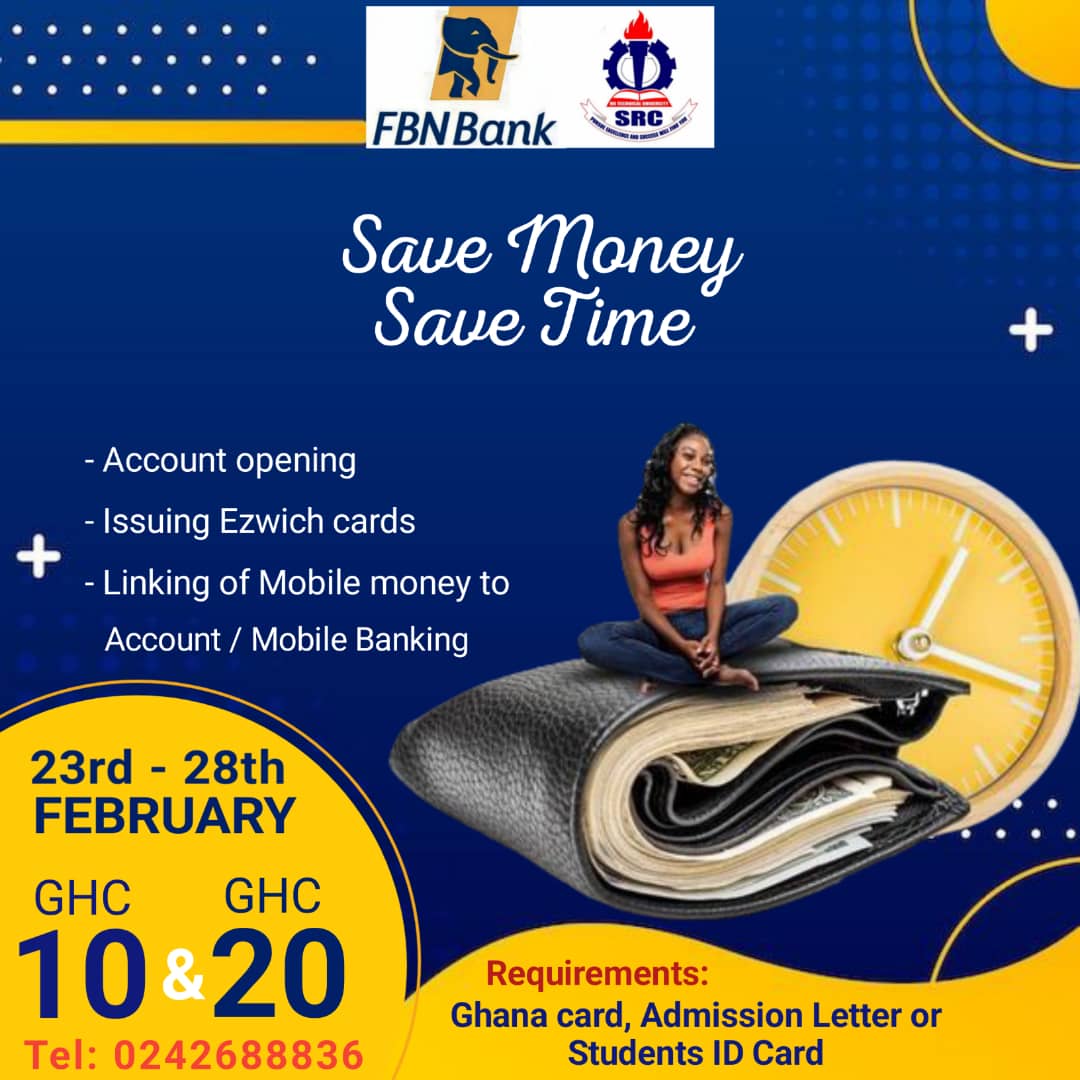 htu_src's tweet photo. The Student Representative Council (SRC) has collaborated with FBN Bank to provide students with more affordable access to bank accounts.
Meet the team at the matriculation grounds to open an account.
#htusrc
#FBNBank https://t.co/0w30Gyt8Nn