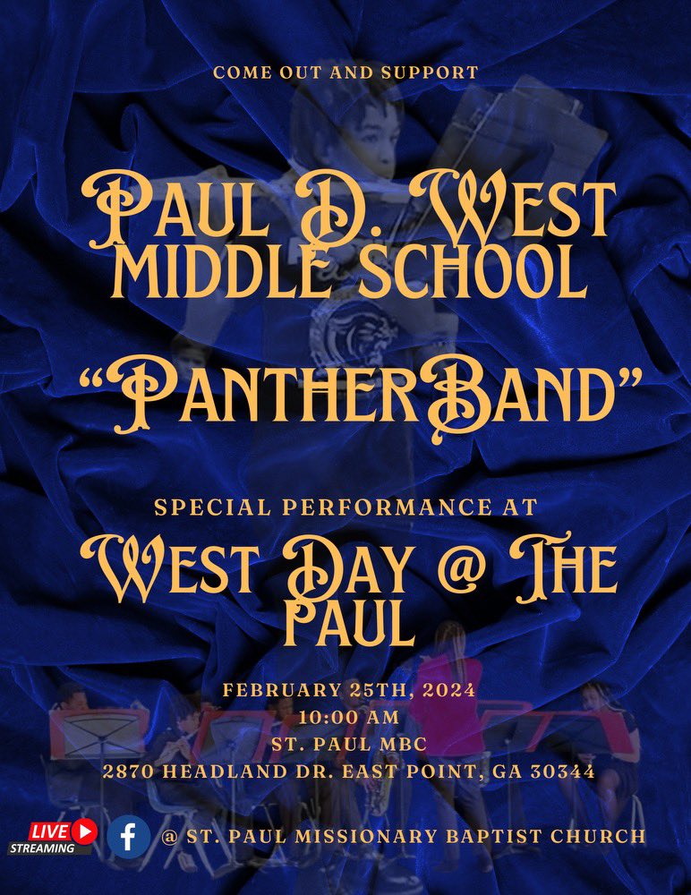 Please join the 7th and 8th grade band and Percussion ensemble Sunday 2/25 for St. Paul Missionary Baptist Church “African Village Celebration”! The event will be live streamed from the church’s Facebook page as well. See you Sunday!