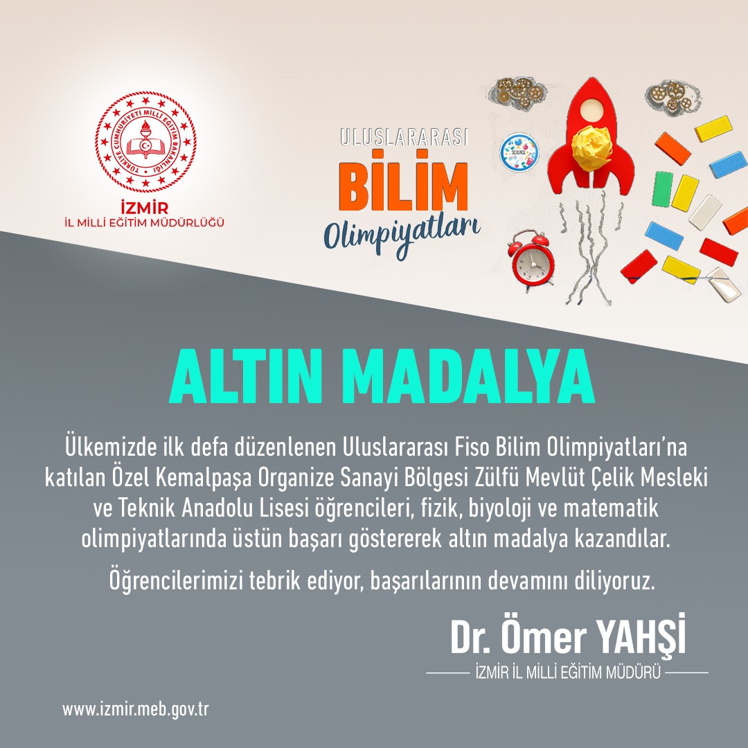 izmir_ilmem's tweet photo. Ülkemizde ilk defa düzenlenen Uluslararası Fiso Bilim Olimpiyatları’na katılan öğrencilerimiz altın madalya kazandılar.Öğrencilerimizi tebrik ediyor,başarılarının devamını diliyoruz.
@tcmeb @Yusuf__Tekin @yahsiomer https://t.co/tYAmky8jNR